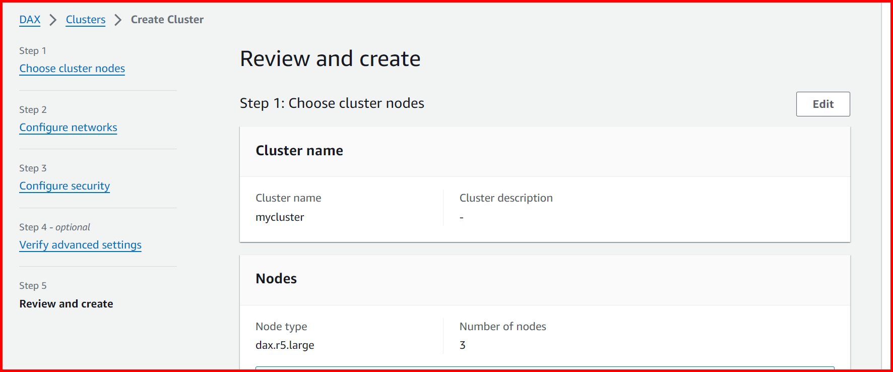 Picture showing the screen to review the cluster information